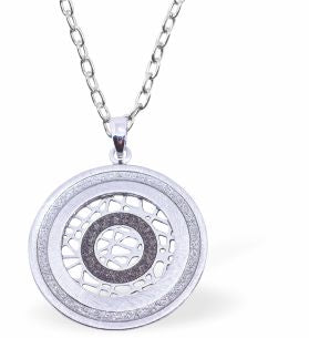 Glitzy Circular Necklace in Grey, Silver and Black Rhodium Plated, 28mm in size See matching Earrings K617 Hypoallergenic; Free from cadmium, lead and nickel 