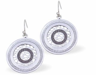 Glitzy Circular Drop Earrings in Grey, Silver and Black Rhodium Plated, 20mm in size See matching Necklace K616 Hypoallergenic; Free from cadmium, lead and nickel 