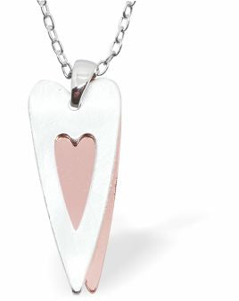 Long Wild Heart Necklace Silver and Rose Gold Colour Rhodium Plated, 28mm in size See matching Earrings K621 Hypoallergenic; Free from cadmium, lead and nickel