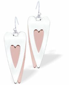 Long Wild Heart Drop Earrings Silver and Rose Gold Colour Rhodium Plated, 28mm in size See matching Necklace K620 Hypoallergenic; Free from cadmium, lead and nickel