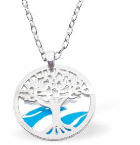 Framed Tree of Life Necklace with White and Blue Background Rhodium Plate, 25mm in size See matching Earrings K623 Hypoallergenic; Free from cadmium, lead and nickel 