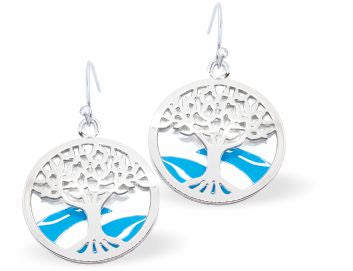 Framed Tree of Life Drop Earrings with White and Blue Background Rhodium Plate, 25mm in size See matching necklace K622 Hypoallergenic; Free from cadmium, lead and nickel