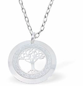 Circular Framed Glitzy Tree of Life Necklace Rhodium Plated, Hypoallergenic; Lead, Cadmium and Nickel Free 25mm in size Colour: Silver See matching earrings K628 Chain: Rhodium Plated, 18" / 3" Extension 