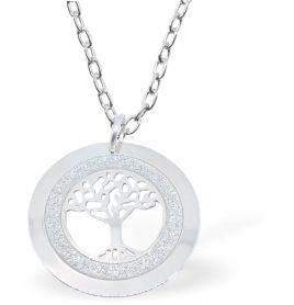 Circular Framed Glitzy Tree of Life Necklace Rhodium Plated, Hypoallergenic; Lead, Cadmium and Nickel Free 25mm in size Colour: Silver See matching earrings K628 Chain: Rhodium Plated, 18" / 3" Extension