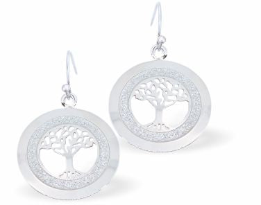 Circular Framed Glitzy Tree of Life Drop Earrings Silver Coloured, Rhodium Plate 25mm in size See matching Necklace K628 