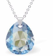 Austrian Crystal Cute Special Cut Pearshape Necklace  Special Cut Multi Faceted Crystal is 11mm in size  See matching earrlings SP87 Hypo allergenic: Free from Lead, Nickel and Cadmium Colour: Aquamarine Blue Shimmer Choice of Stainless Steel Chain (18") or Sterling Silver Chain (18")