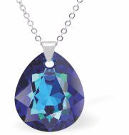 Austrian Crystal Cute Special Cut Pearshape Necklace  Special Cut Multi Faceted Crystal is 11mm in size  See matching earrlings SP89 Hypo allergenic: Free from Lead, Nickel and Cadmium Colour: Bermuda Blue Choice of Stainless Steel Chain (18") or Sterling Silver Chain (18") 