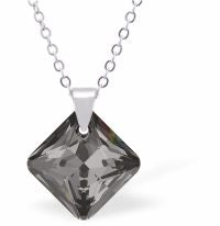 Austrian Crystal Cute Special Cut Oblique Square Necklace  Special Cut Multi Faceted Crystal is 12mm in size  See matching earrlings PR55 Hypo allergenic: Free from Lead, Nickel and Cadmium Colour: Silver Night Grey Choice of Stainless Steel Chain (18") or Sterling Silver Chain (18") 