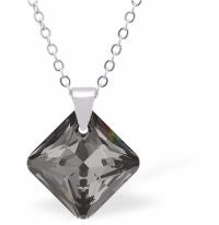 Austrian Crystal Cute Special Cut Oblique Square Necklace  Special Cut Multi Faceted Crystal is 12mm in size  See matching earrlings PR55 Hypo allergenic: Free from Lead, Nickel and Cadmium Colour: Silver Night Grey Choice of Stainless Steel Chain (18") or Sterling Silver Chain (18")