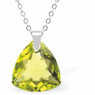 Austrian Crystal Multi Faceted Miniature Trilliant Cut Triangular Necklace Crystal is 12mm in size  See matching earrings TR15 Hypo allergenic: Free from Lead, Nickel and Cadmium Colour: Citrus Green Choice of Stainless Steel Chain (18") or Sterling Silver Chain (18") 
