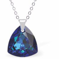 Austrian Crystal Multi Faceted Miniature Trilliant Cut Triangular Necklace Crystal is 12mm in size  See matching earrings TR21 Hypo allergenic: Free from Lead, Nickel and Cadmium Colour: Bermuda Blue Choice of Stainless Steel Chain (18") or Sterling Silver Chain (18") 