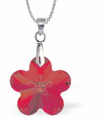 Austrian Crystal Daisy Necklace by Byzantium in Light Siam Red Daisy is 12mm in size Colour: Light Siam Red Chain: Stainless Steel Chain - 18" / Sterling Silver Chain - 18" 