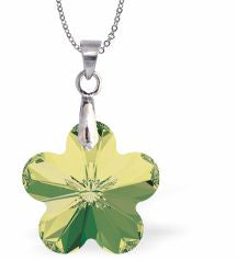Austrian Crystal Daisy Necklace by Byzantium in Peridot Green Daisy is 12mm in size Colour: Peridot Green Chain: Stainless Steel Chain - 18" / Sterling Silver Chain - 18"