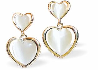 Cute Double Heart Stud/Drop Earrings with Opal Centres 25mm in size Hypoallergenic: Nickel, Lead and Cadmium Free 