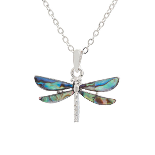 Natural Paua Shell Dreamy Dragonfly Necklace, by Byzantium. Rhodium Plated and 26mm in size