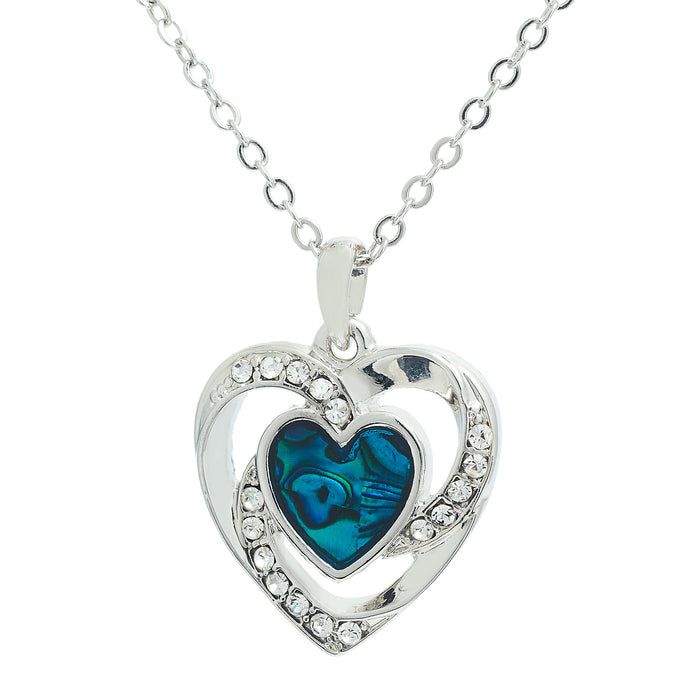 P020 - Paua Shell Crystal Encrusted Framed Heart Necklace, Rhodium Plated