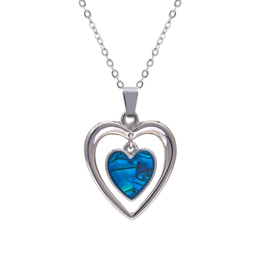 Natural Paua Shell Heart within a Heart Necklace, by Byzantium. Rhodium Plated and 25mm in size