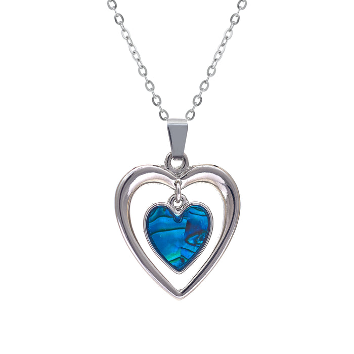 Natural Paua Shell Heart within a Heart Necklace, by Byzantium. Rhodium Plated and 25mm in size