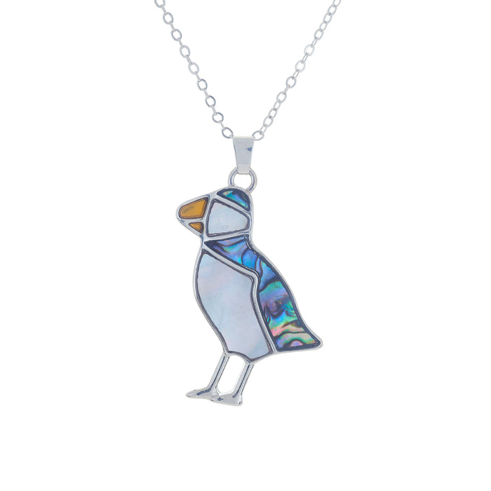 Natural Paua Shell Pearl Encrusted Cute Puffin Necklace, by Byzantium. Rhodium Plated and 35mm in size