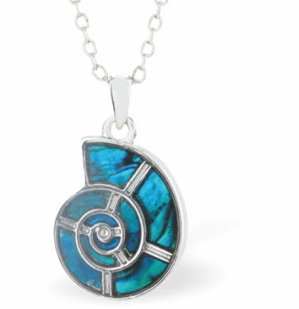 Paua Shell Amonite Shaped Necklace, by Byzantium. Rhodium Plated and 15mm in size