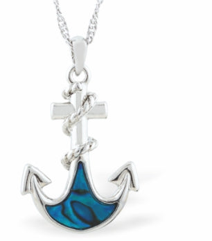 Natural Paua Shell Funky Anchor Necklace by Byzantium, Rhodium Plated and 25mm in size