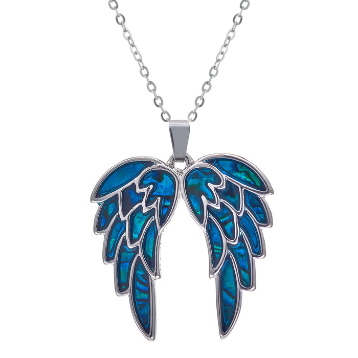 P043 - Paua Shell Angelic Angel Wings Necklace, Rhodium Plated