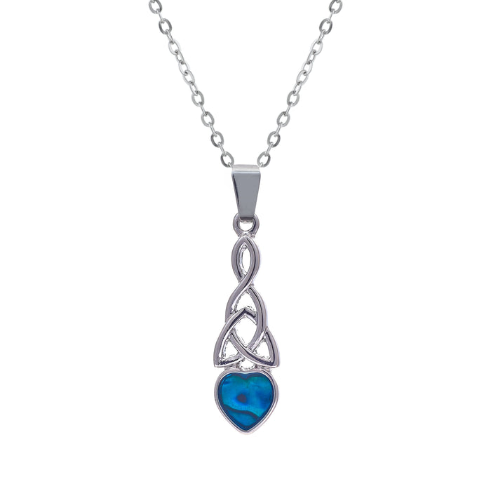 Natural Paua Shell Classic Heart with Celtic Design Necklace, by Byzantium. Rhodium Plated and 30mm in size