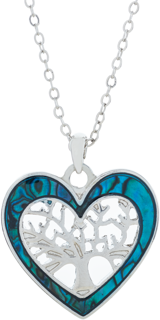 Natural Paua Shell Heart Framed Tree of Life Necklace, by Byzantium. Rhodium Plated and 18mm in size