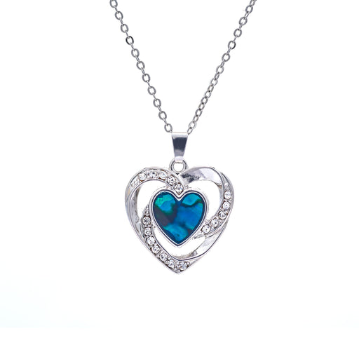 Natural Paua Shell Crystal Encrusted Framed Heart Necklace, by Byzantium. Rhodium Plated and a choice of  20mm and 25mm in size