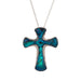 Natural Paua Shell Curve-Edged Cross Necklace with Crystal, by Byzantium. Rhodium Plated, 30mm in size