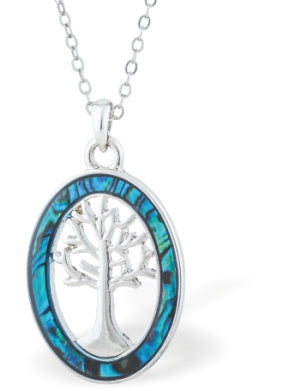 Natural Paua Shell Oval Framed Tree of Life Necklace, by Byzantium. Rhodium Plated and 20mm in size