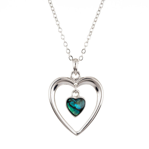 Natural Paua Shell Beautiful Heart within Heart Drop Necklace, by Byzantium. Rhodium Plated, 25mm in size