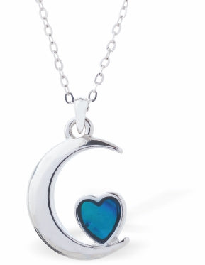 Natural Paua Shell Love Heart in a Crescent Moon Necklace, by Byzantium. Rhodium Plated and 15mm in size
