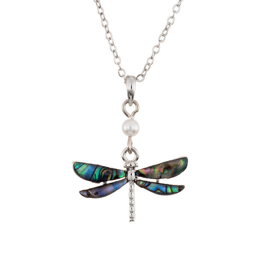 Natural Paua Shell Delicate Dragonfly with Pearl Link Necklace, by Byzantium. Rhodium Plated, 25mm in size