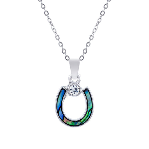 Natural Paua Shell Lucky Horse Shoe Necklace, by Byzantium. Rhodium Plated, 25mm in size