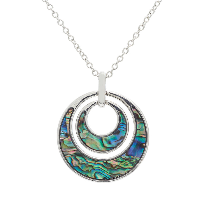Natural Paua Shell Circle within a Circle Necklace, by Byzantium. Rhodium Plated, 35mm in size