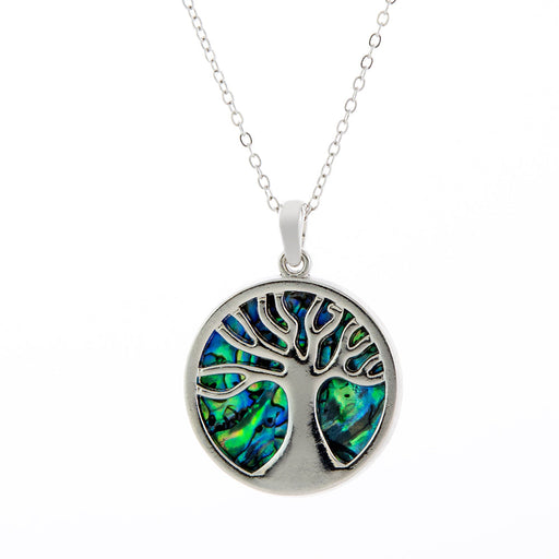 Natural Paua Shell Circular Framed Tree of Life Necklace, by Byzantium. Rhodium Plated, 30mm in size