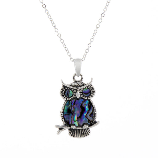 Natural Paua Shell Cute Tawny Owl Necklace, by Byzantium. Rhodium Plated, 20mm in size