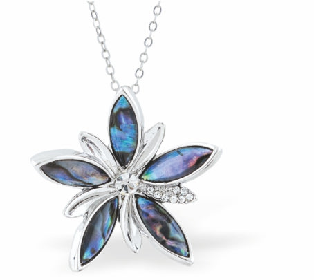Natural Paua Shell Beautiful Floral Necklace, by Byzantium. Rhodium Plated, 30mm in size