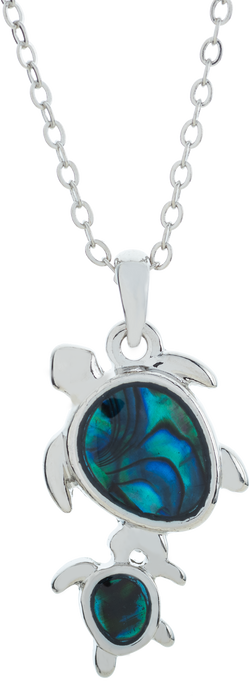 Natural Paua Shell Cute Turtle with Baby Necklace, by Byzantium. Rhodium Plated, 25mm in size