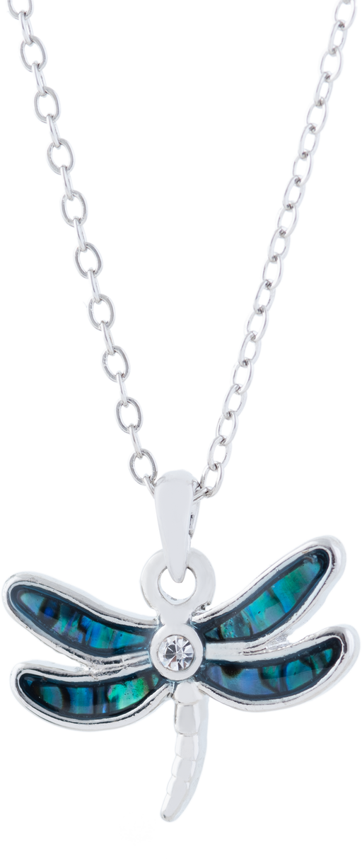 Natural Paua Shell Delicate Dragonfly Necklace, by Byzantium. Rhodium Plated, 26mm in size