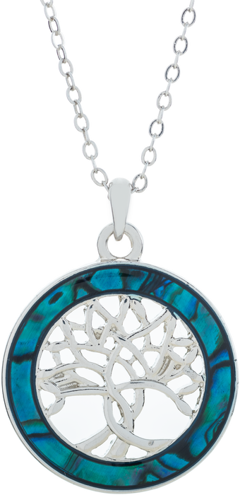 Natural Paua Shell Circle Framed Tree of Life Necklace, by Byzantium. Rhodium Plated, 25mm in size