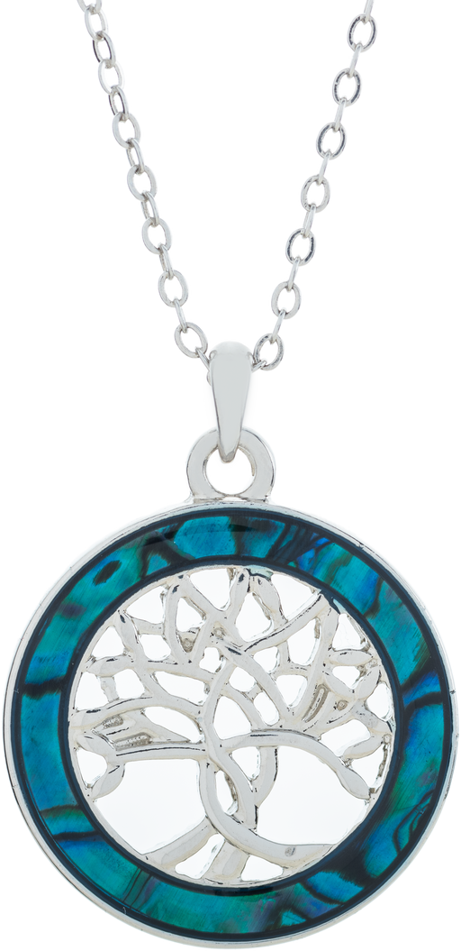 Natural Paua Shell Circle Framed Tree of Life Necklace, by Byzantium. Rhodium Plated, 25mm in size