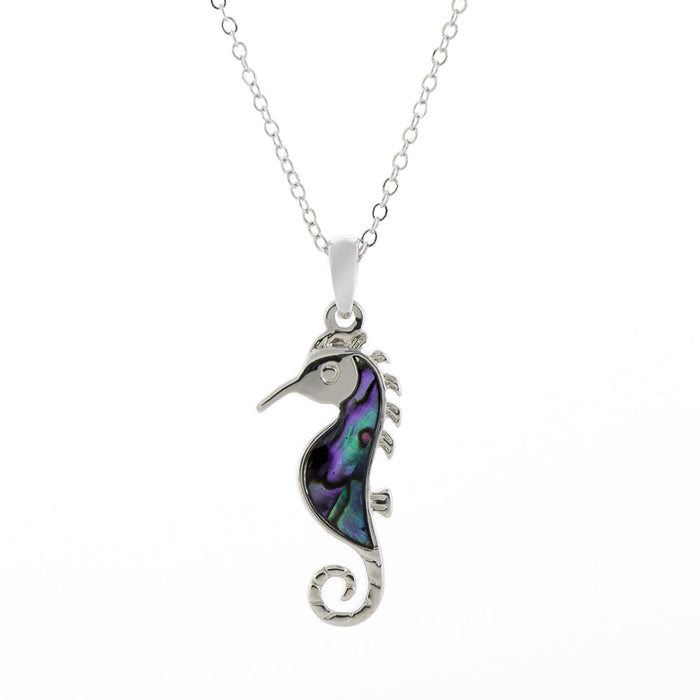 P200 - Paua Shell Sea Horse Necklace, Rhodium Plated