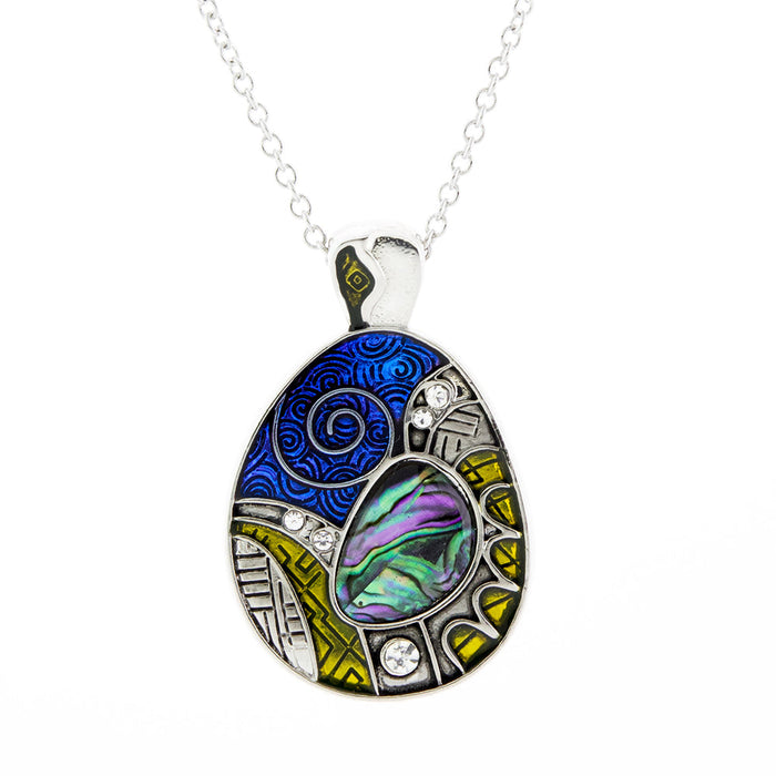 P223 - Paua Shell Aztec Necklace, Rhodium Plated