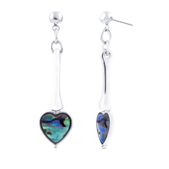 P237 - Paua Shell Long Heart Drop Earrings, Rhodium Plated