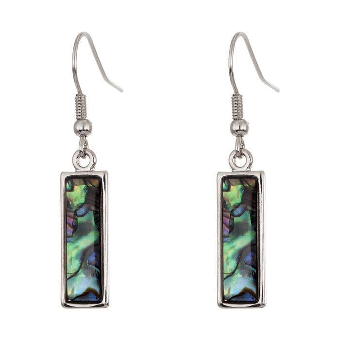 P240 - Paua Shell Baguette Drop Earrings, Rhodium Plated