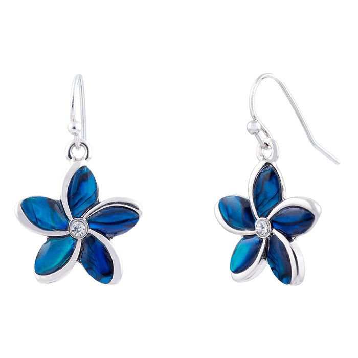 P241 - Paua Shell Daisy with Crystal Drop Earrings, Rhodium Plated