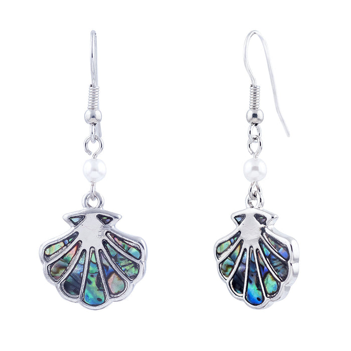 P243 - Paua Shell Sea Shell Drop Earrings, Rhodium Plated
