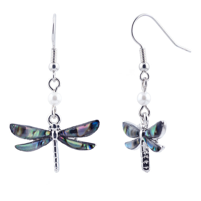 P244 - Paua Shell Dragonfly with Pearl Drop Earrings, Rhodium Plated